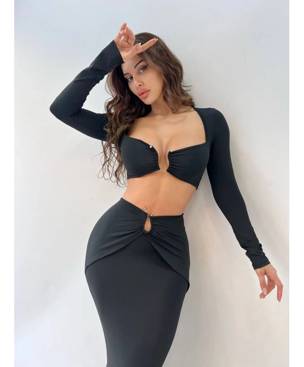 Morliva Siyah Micro Kumaş Toka Detaylı İkili Takım