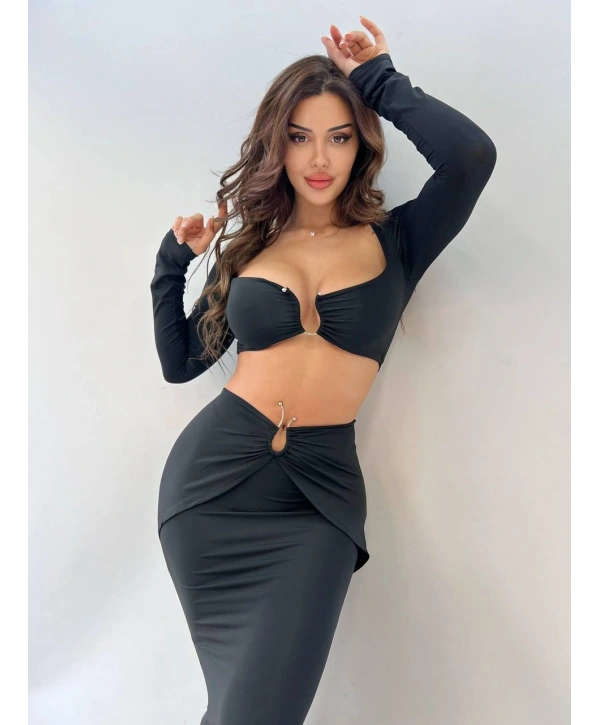 Morliva Siyah Micro Kumaş Toka Detaylı İkili Takım