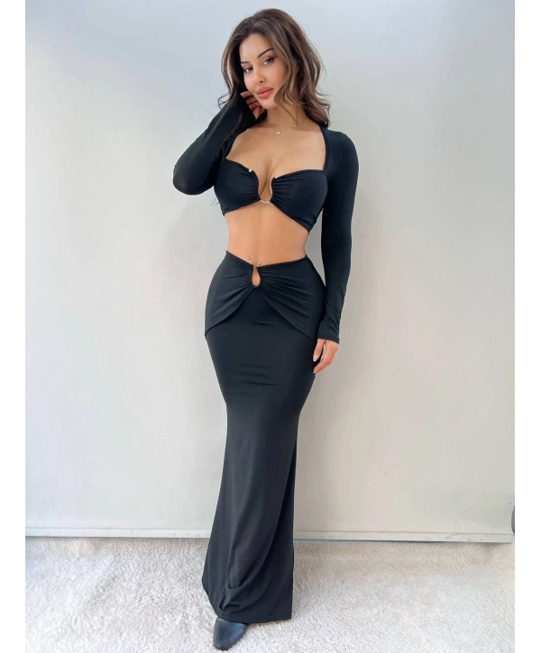 Morliva Siyah Micro Kumaş Toka Detaylı İkili Takım