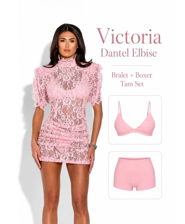 Morliva Victoria Dantel Elbise Pembe