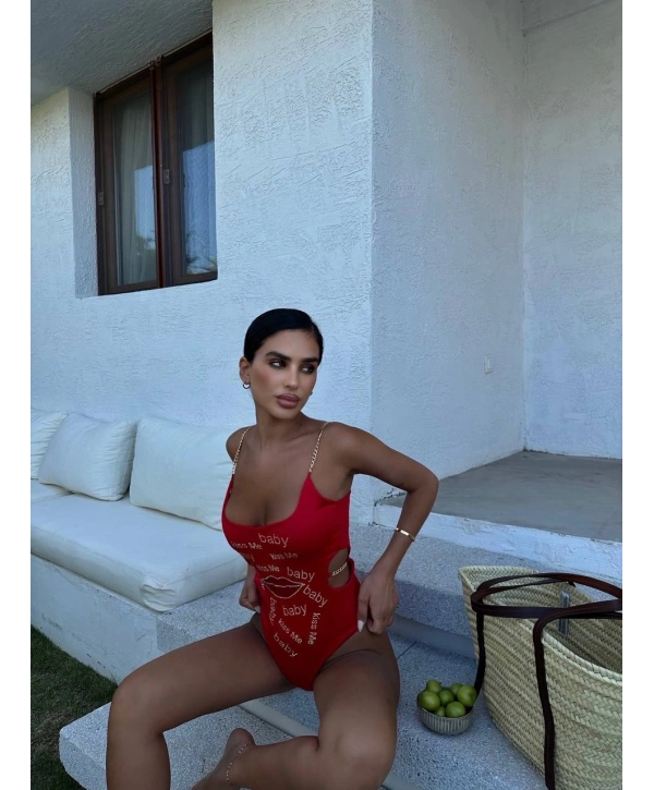 Morliva yanı zincir detay swarovski taş baskılı mayokini 2248