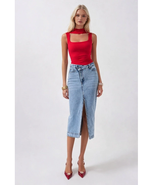 Morliva Yırtmaç Detay Denim Midi Etek