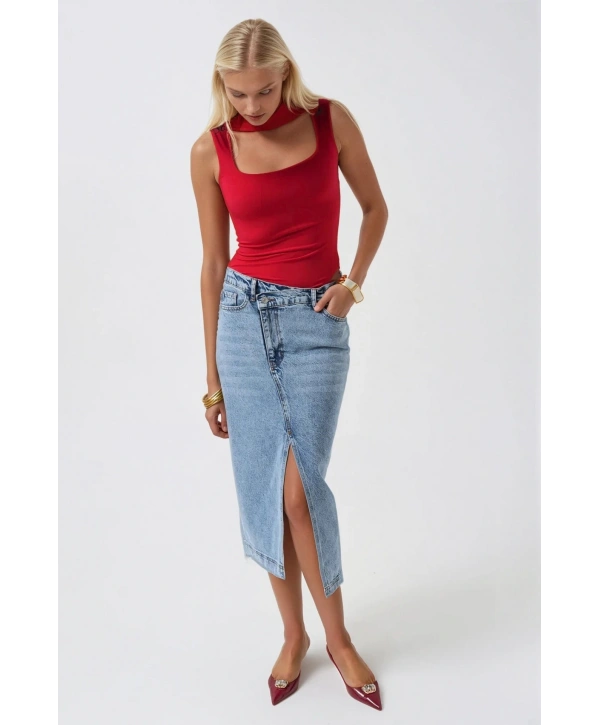 Morliva Yırtmaç Detay Denim Midi Etek