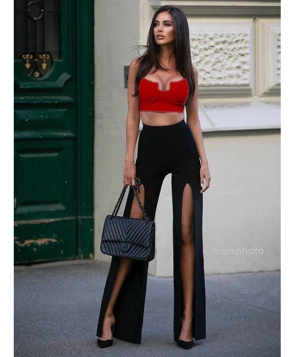 Morliva YIRTMAÇLI PANTOLON BALENLİ CROP TAKIM KIRMIZI