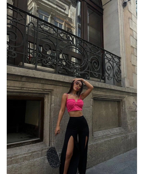 Morliva YIRTMAÇLI PANTOLON BALENLİ CROP TAKIM PEMBE