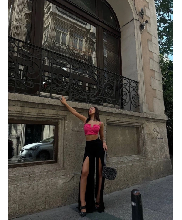 Morliva YIRTMAÇLI PANTOLON BALENLİ CROP TAKIM PEMBE