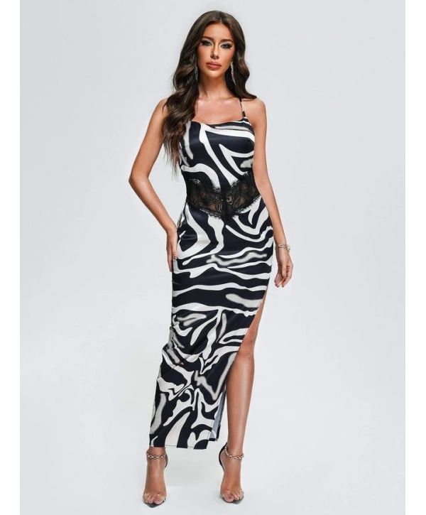 Morliva ZEBRA DESEN DANTEL DETAY UZUN ELBİSE ZEBRA