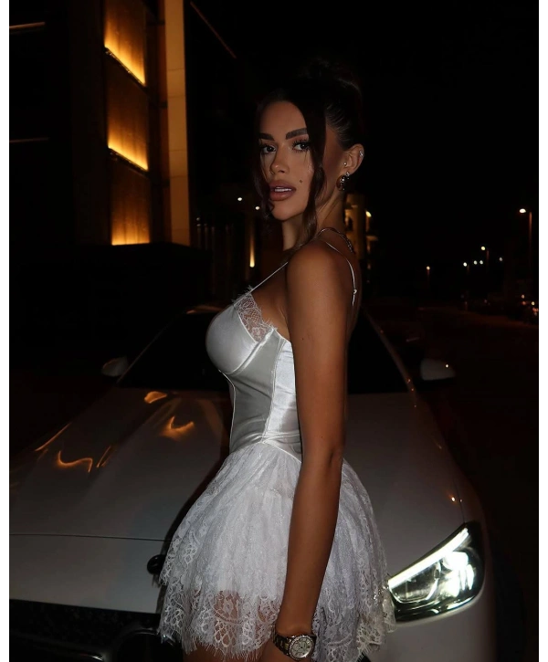 NORA SATEN DANTEL ŞORTLU ELBİSE BEYAZ