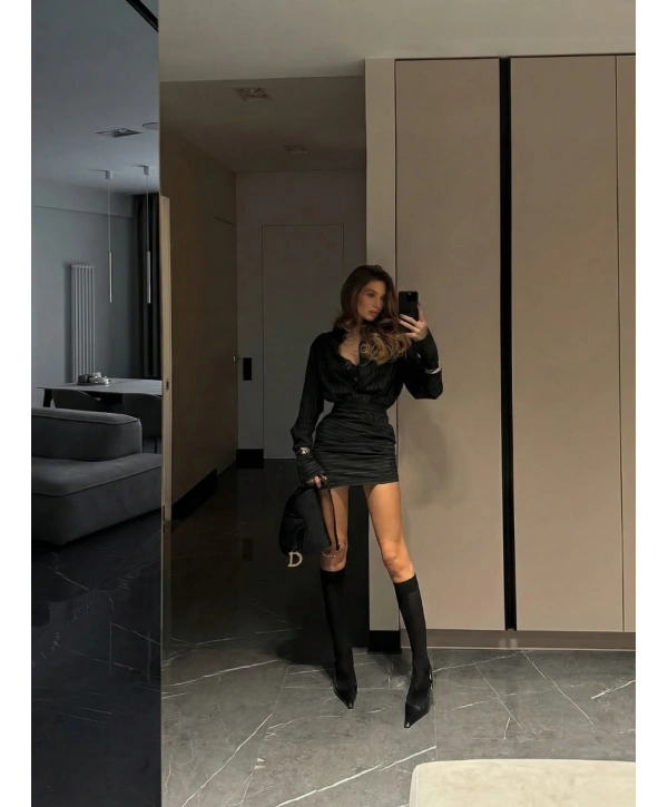 OFFICE ÇİZGİLİ GÖMLEK & ETEK TAKIM SİYAH