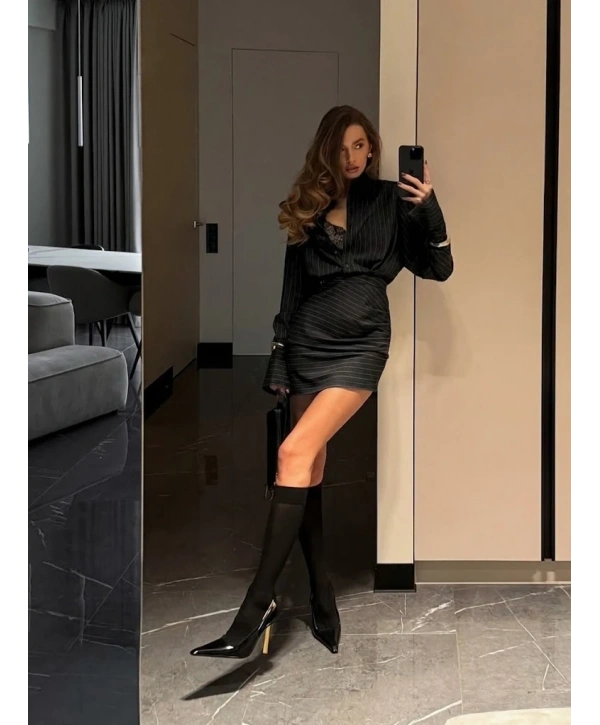 OFFICE ÇİZGİLİ GÖMLEK & ETEK TAKIM SİYAH