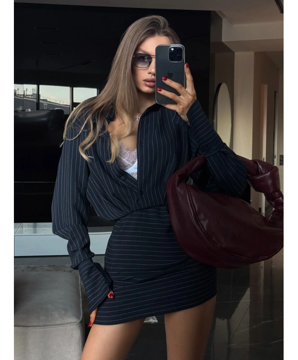 OFFICE ÇİZGİLİ GÖMLEK & ETEK TAKIM SİYAH