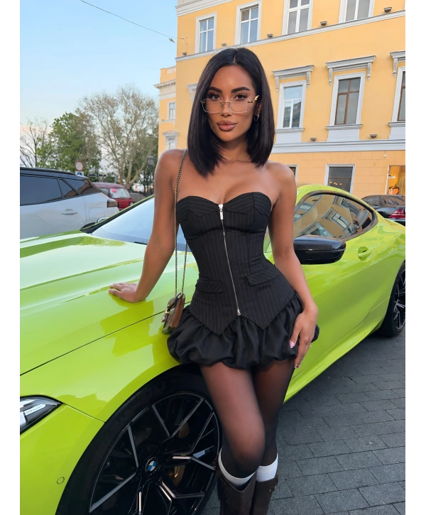 PAMELA ÇİZGİLİ BALON ŞORT ETEKLİ TAKIM SİYAH