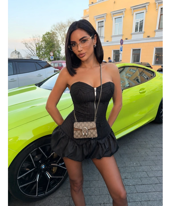 PAMELA ÇİZGİLİ BALON ŞORT ETEKLİ TAKIM SİYAH