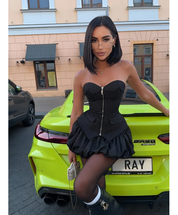 PAMELA ÇİZGİLİ BALON ŞORT ETEKLİ TAKIM SİYAH