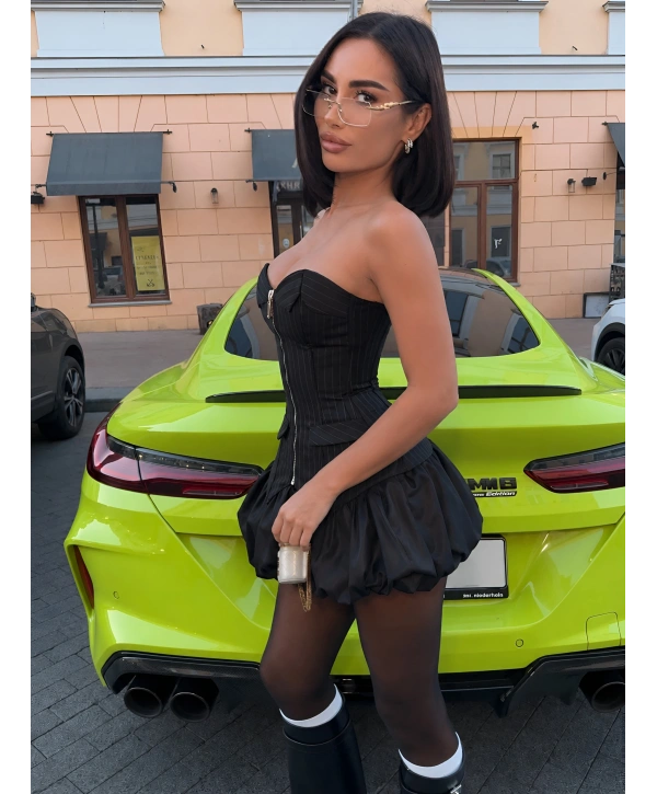 PAMELA ÇİZGİLİ BALON ŞORT ETEKLİ TAKIM SİYAH