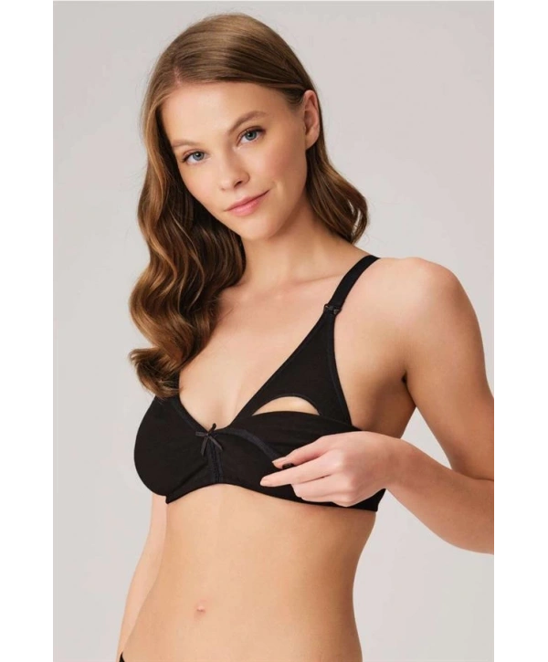 Pamuklu Balensiz Lohusa Önden Açılan Siyah Emzirme Sütyeni
