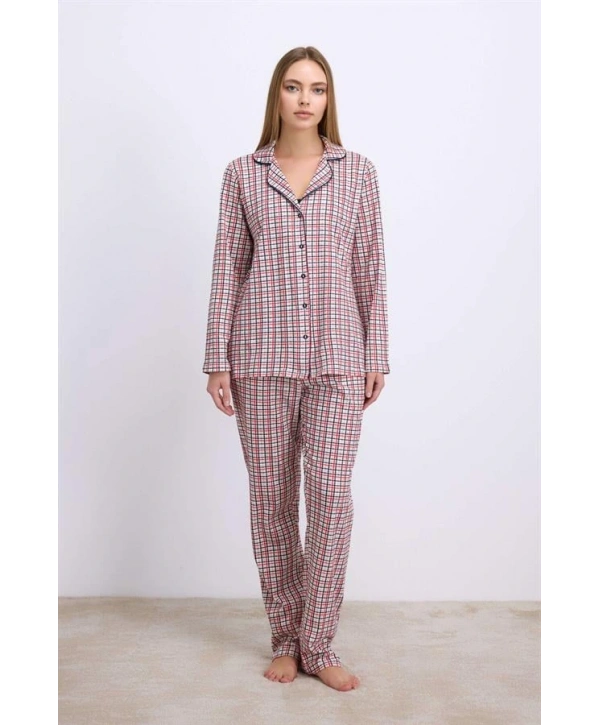 Pamuklu Uzun Kol Düğmeli Gömlek ve Ekose Pantolon Pijama Takımı