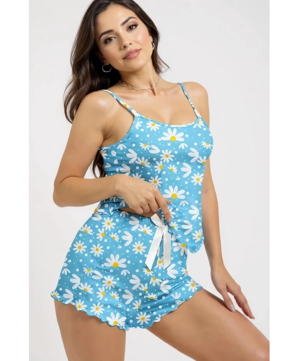 Papatya Baskılı Mavi Askılı Şortlu Pijama Takımı