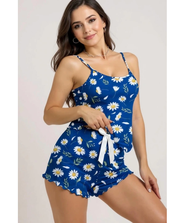 Papatya Desenli Mavi Askılı Şortlu Pijama Takımı