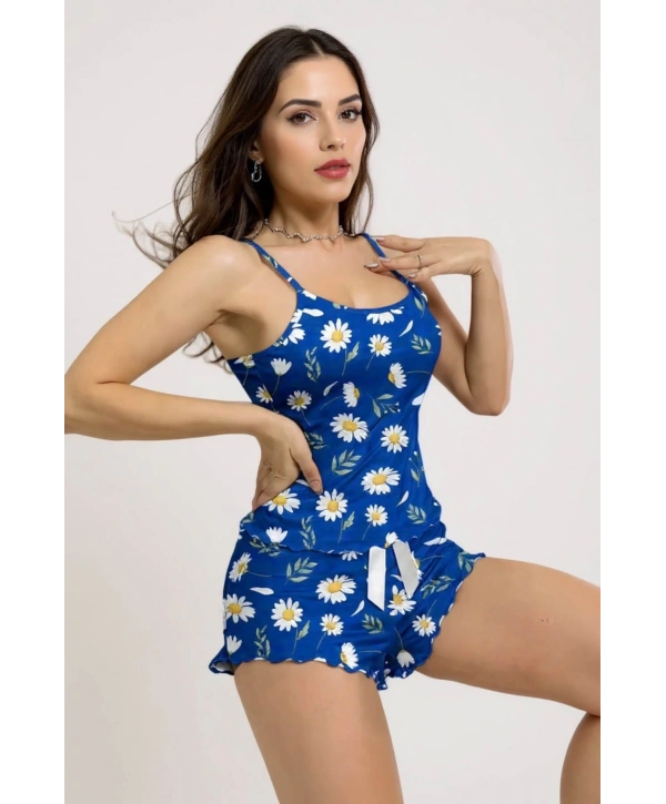 Papatya Desenli Mavi Askılı Şortlu Pijama Takımı