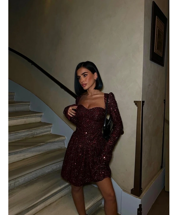 PAYET GLOPLU UZUN KOL ELBİSE BORDO