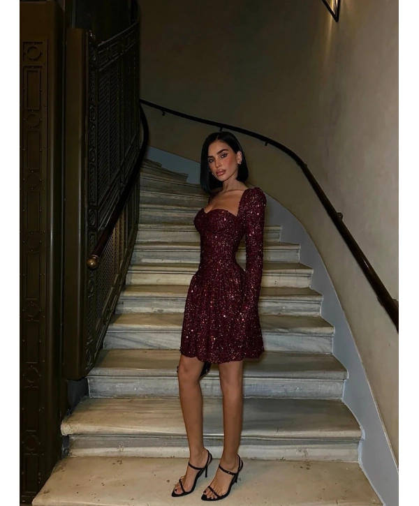 PAYET GLOPLU UZUN KOL ELBİSE BORDO