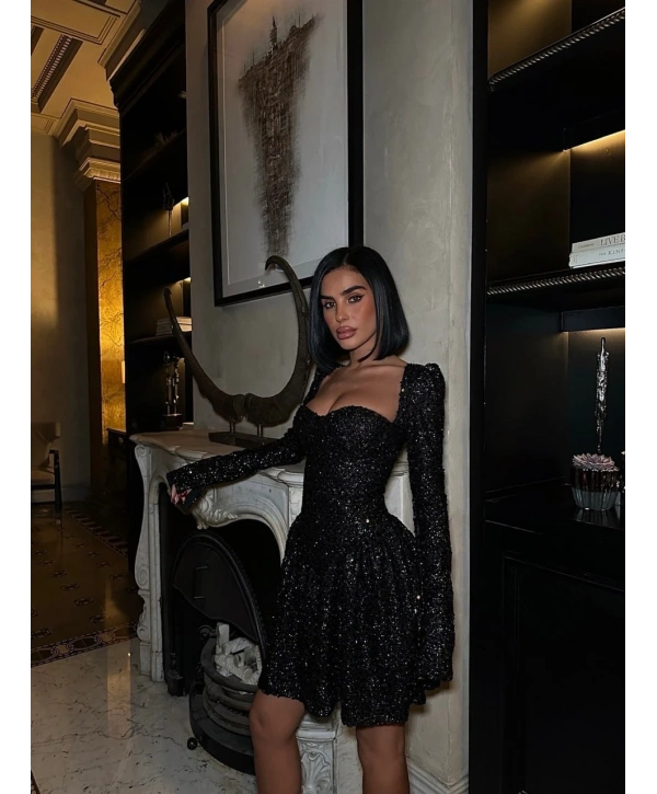 PAYET GLOPLU UZUN KOL ELBİSE SİYAH