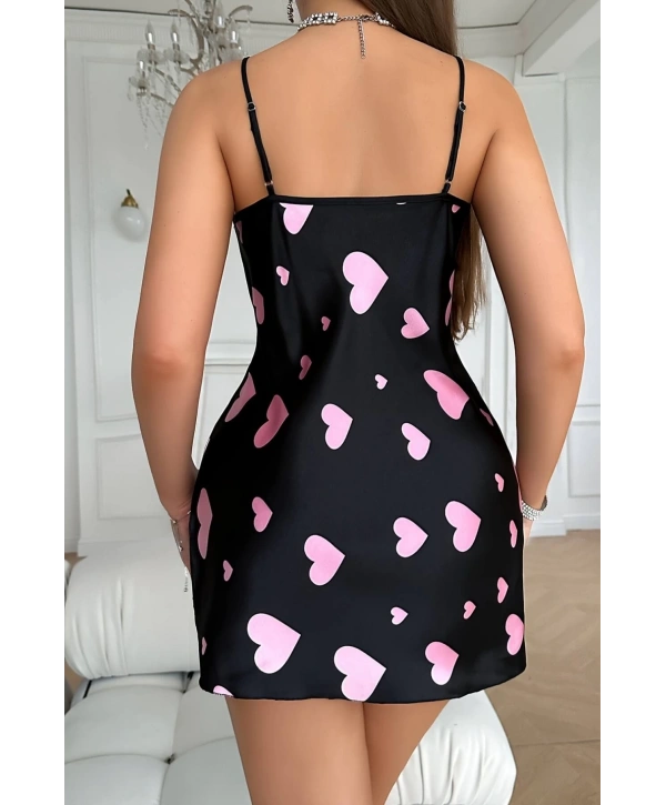 Pembe Kalp Desenli Siyah Saten Gecelik