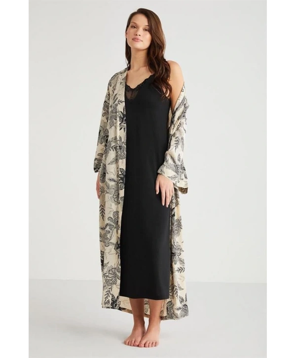 Penye Mood %100  Viskon Çiçek Desen 2li Sabahlık Gecelik Takımı