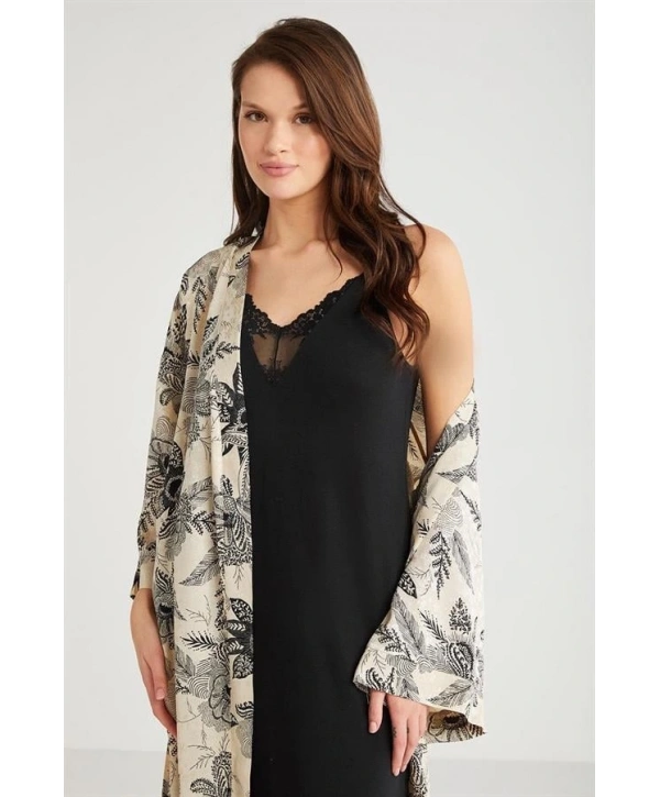 Penye Mood %100  Viskon Çiçek Desen 2li Sabahlık Gecelik Takımı