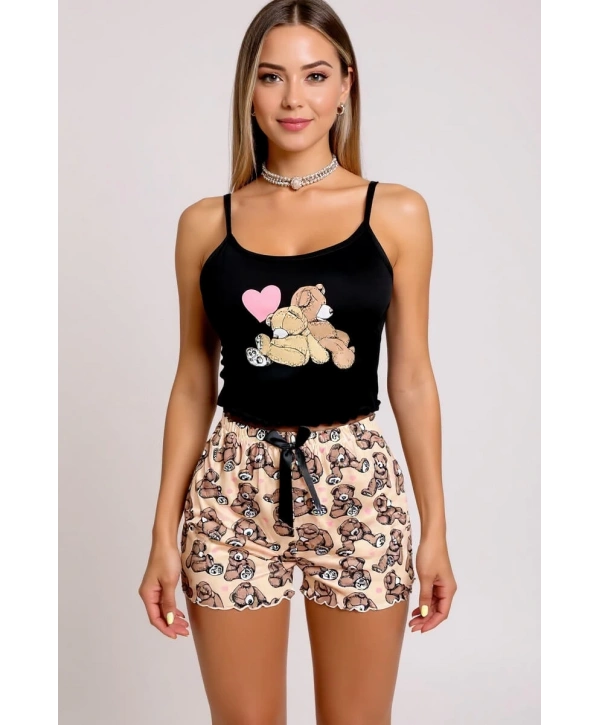 Renkli Ayıcık Desenli Askılı Şortlu Kadın Pijama Takımı