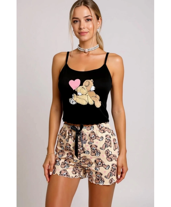 Renkli Ayıcık Desenli Askılı Şortlu Kadın Pijama Takımı
