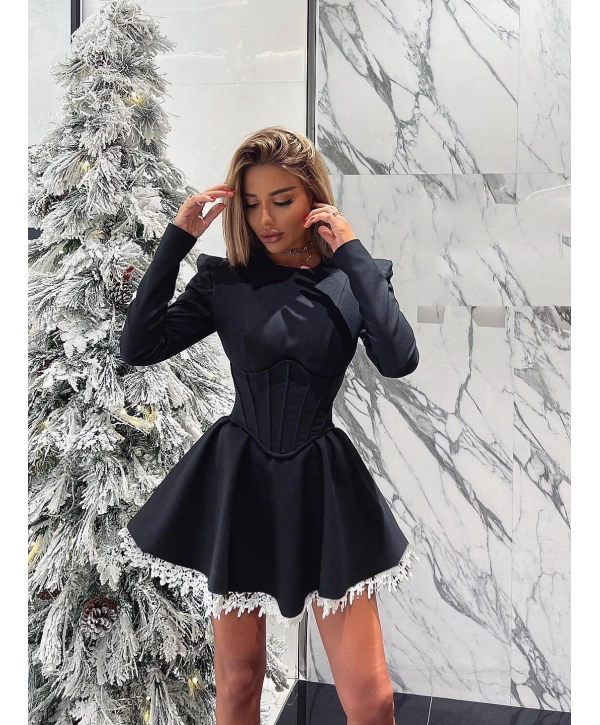 ROMIA ETEK UCU GÜPÜRLÜ VOLANLI UZUN KOL CORSET ELBİSE SİYAH