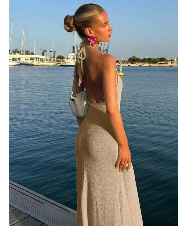 SAMİRA YIRTMAÇLI TRİKO ELBİSE BEJ