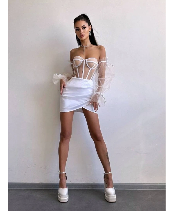 SATEN BÜSTİYER & ETEK SET BEYAZ