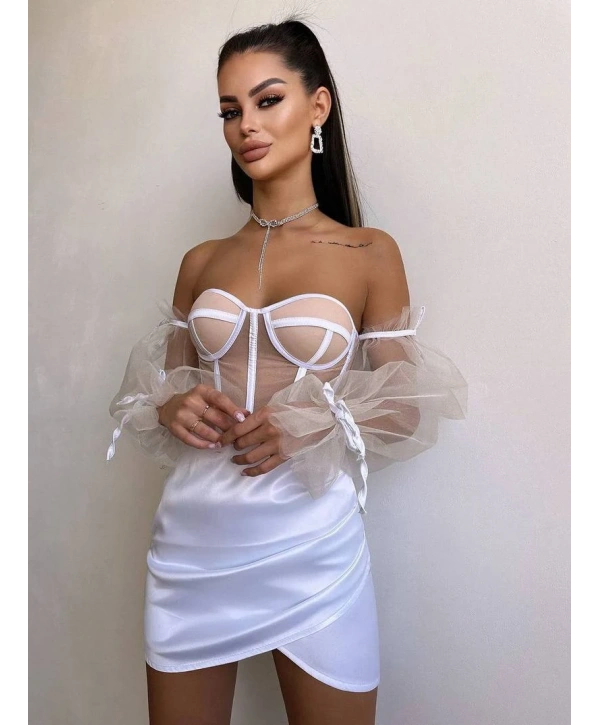SATEN BÜSTİYER & ETEK SET BEYAZ