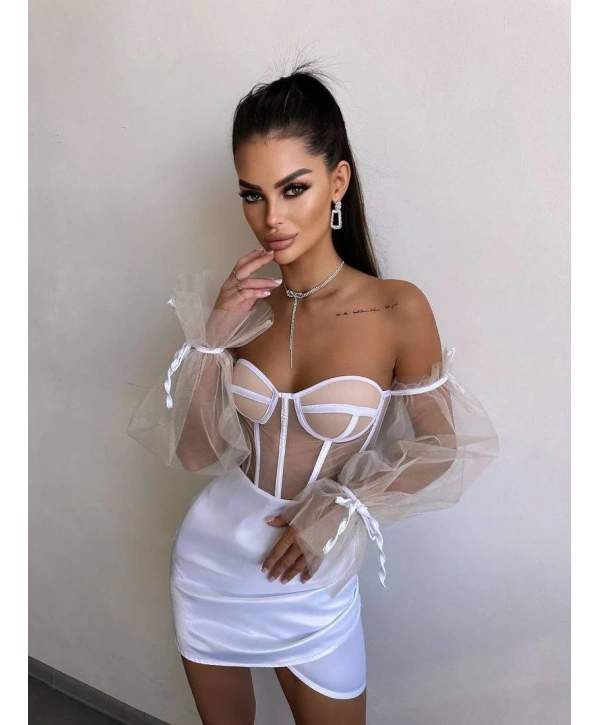 SATEN BÜSTİYER & ETEK SET BEYAZ