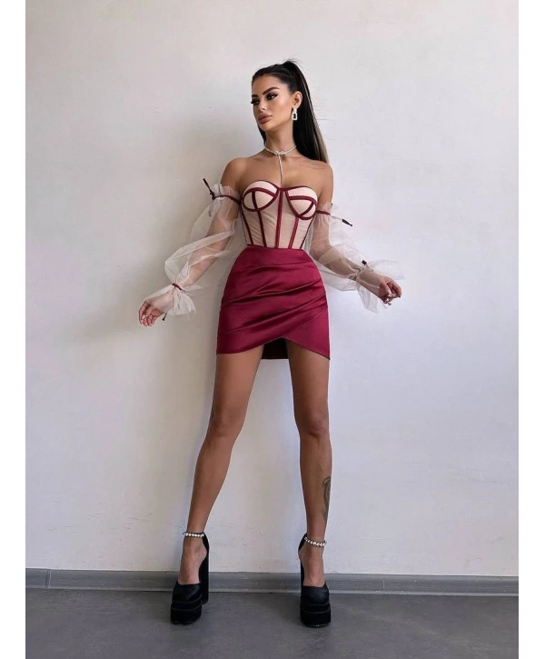 SATEN BÜSTİYER & ETEK SET BORDO