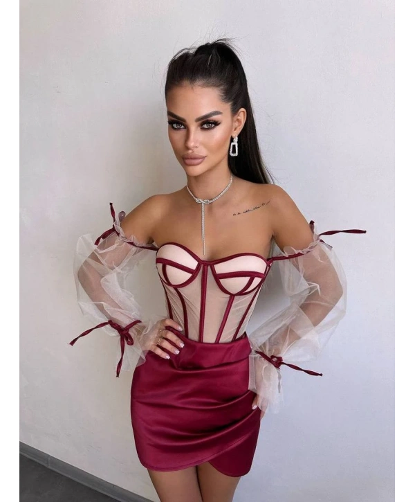 SATEN BÜSTİYER & ETEK SET BORDO