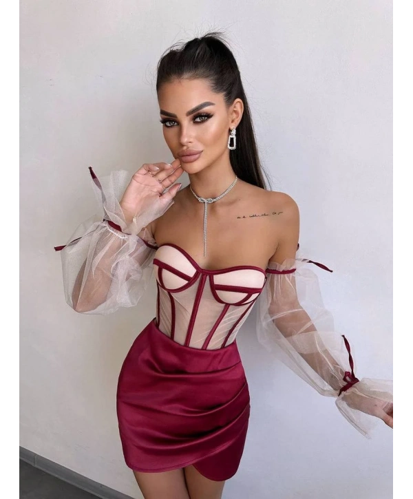 SATEN BÜSTİYER & ETEK SET BORDO