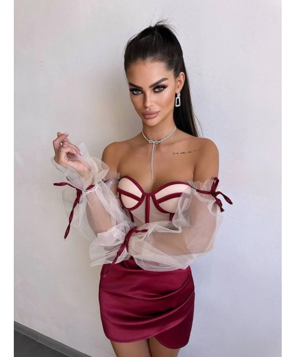 SATEN BÜSTİYER & ETEK SET BORDO