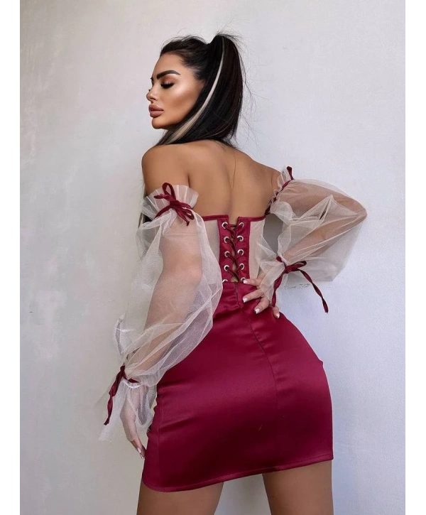 SATEN BÜSTİYER & ETEK SET BORDO