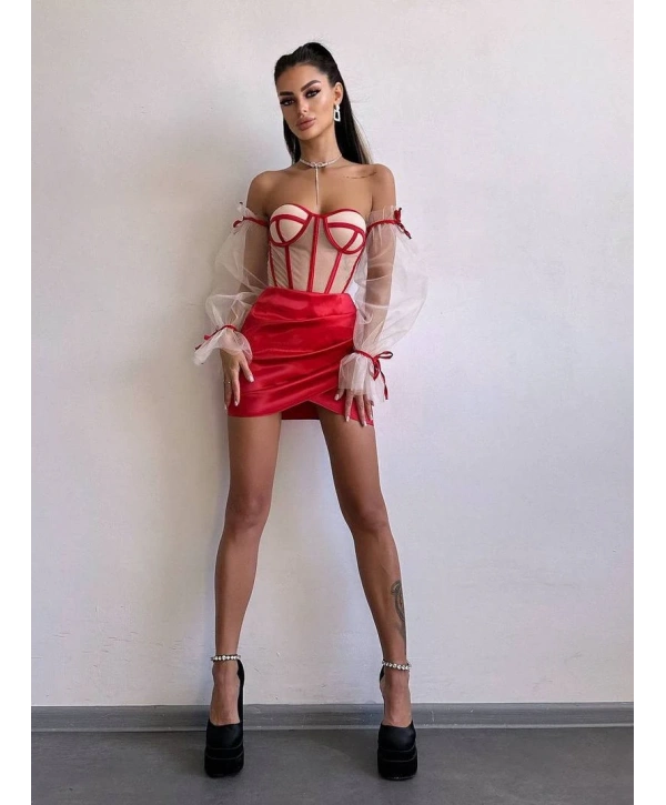 SATEN BÜSTİYER & ETEK SET KIRMIZI