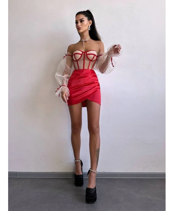 SATEN BÜSTİYER & ETEK SET KIRMIZI