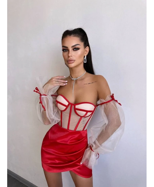 SATEN BÜSTİYER & ETEK SET KIRMIZI