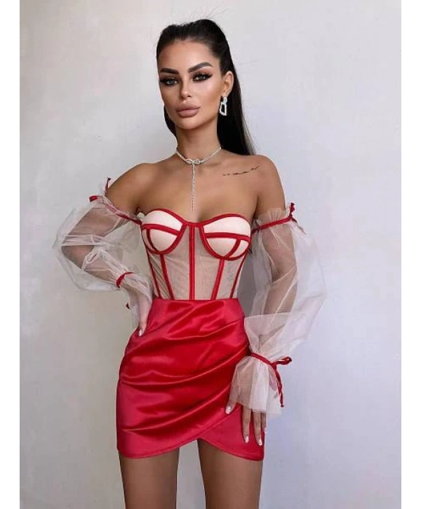 SATEN BÜSTİYER & ETEK SET KIRMIZI