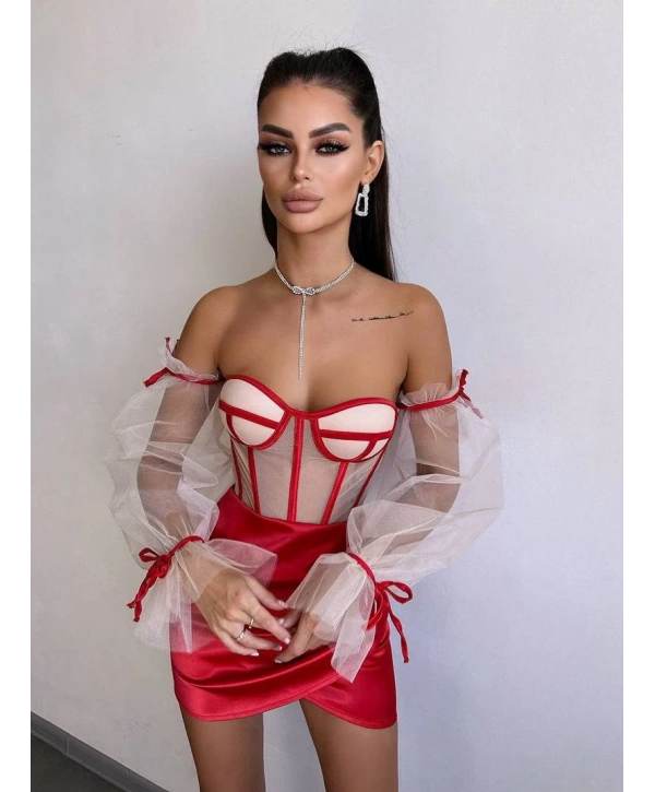 SATEN BÜSTİYER & ETEK SET KIRMIZI