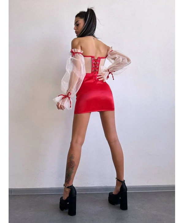 SATEN BÜSTİYER & ETEK SET KIRMIZI
