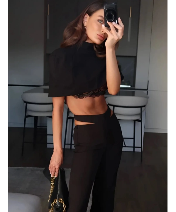 SENSE KOLSUZ CROP & PANTOLON TAKIM SİYAH