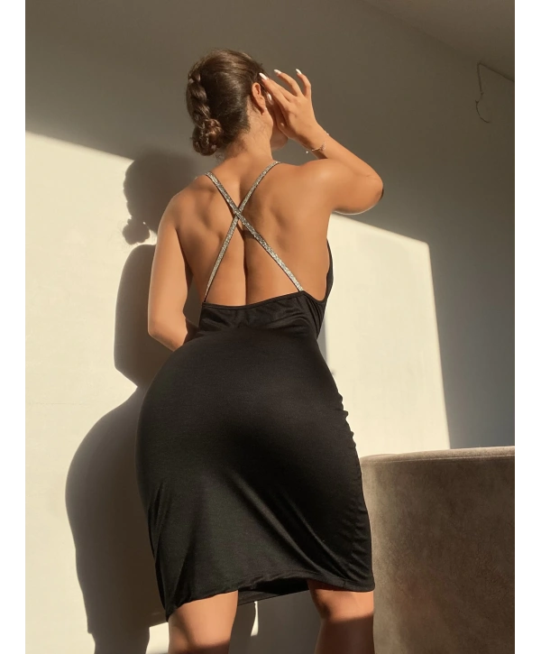 Simli Askılı Fantezi Elbise